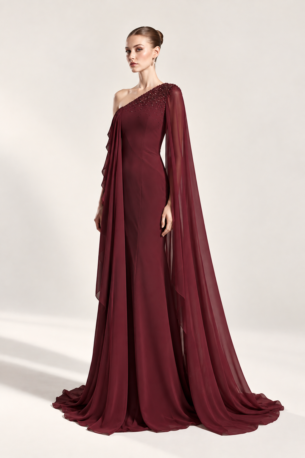 One-Shoulder Cape Maroon