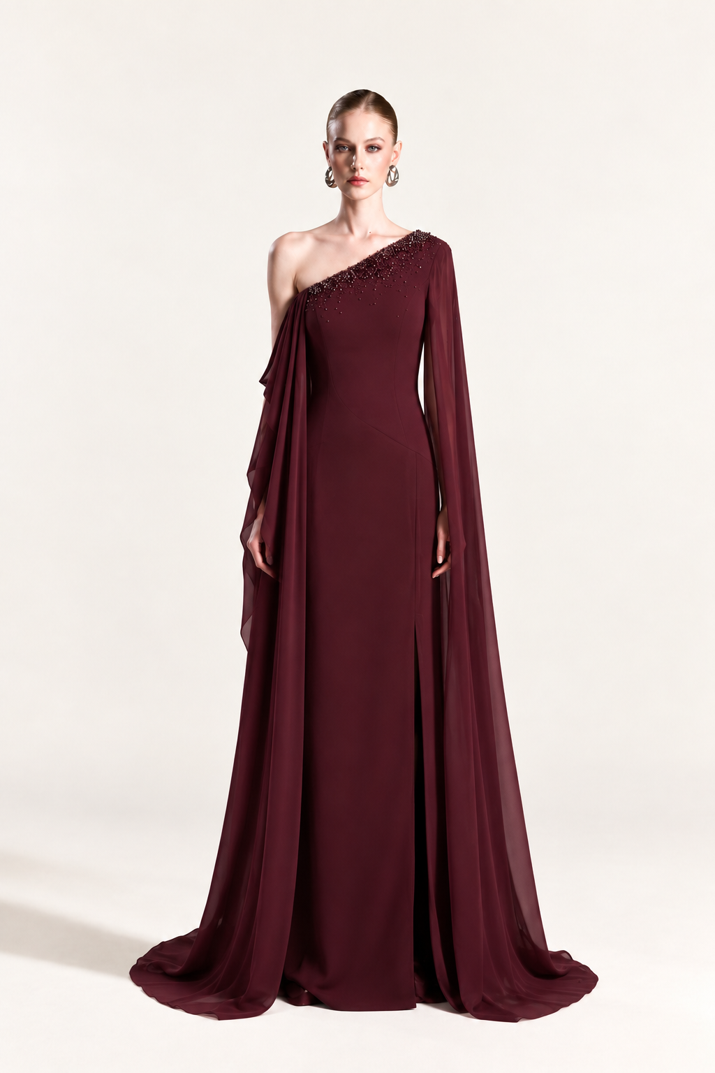 One-Shoulder Cape Maroon
