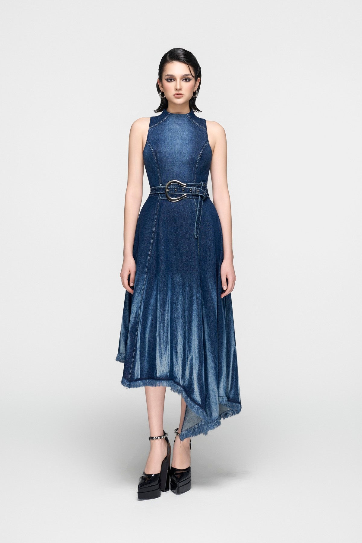 Sleeveless Corset Denim Dress with Fringed Hem