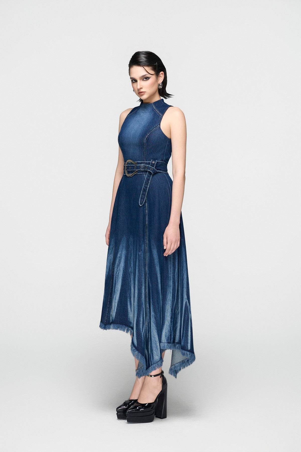 Sleeveless Corset Denim Dress with Fringed Hem