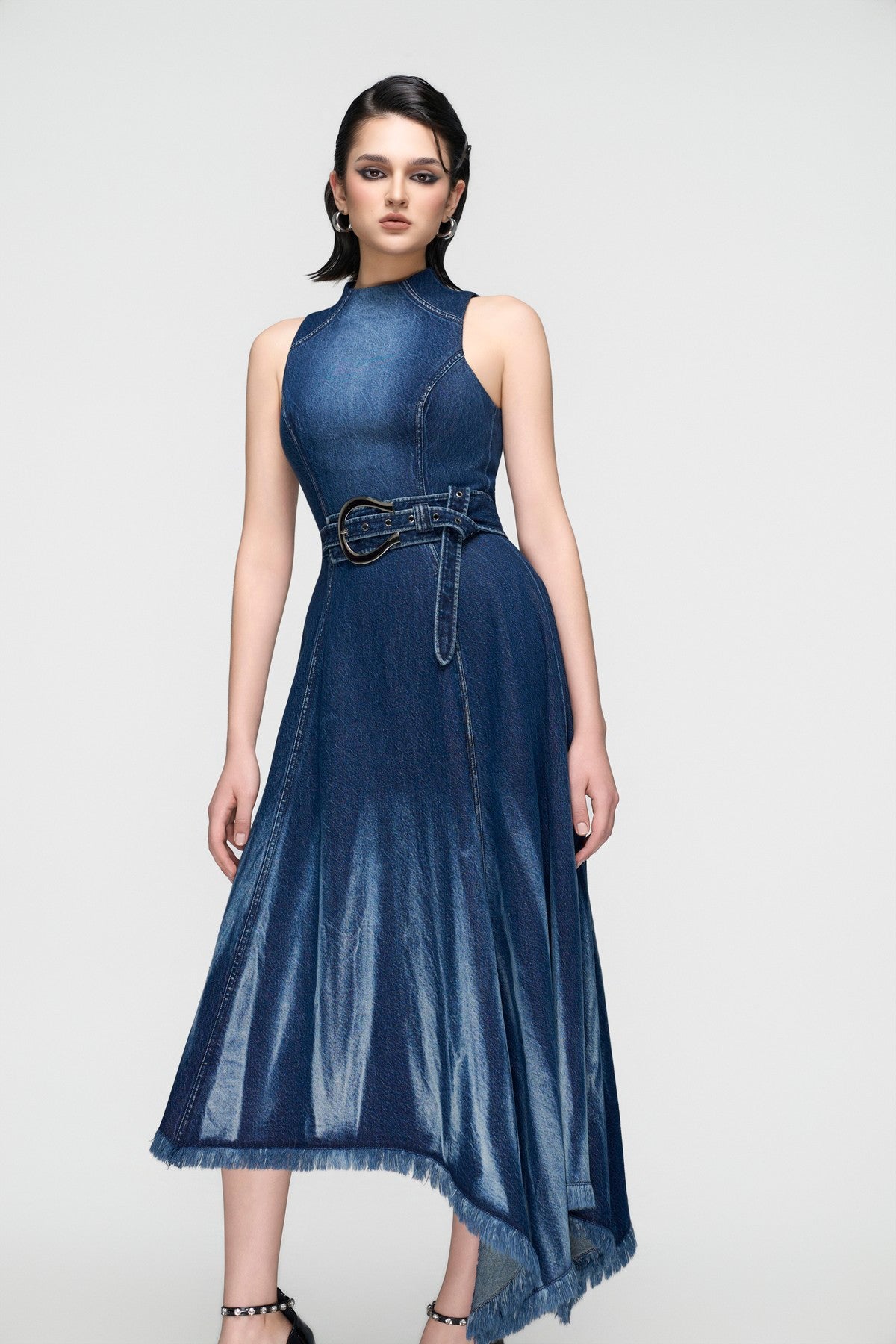 Sleeveless Corset Denim Dress with Fringed Hem