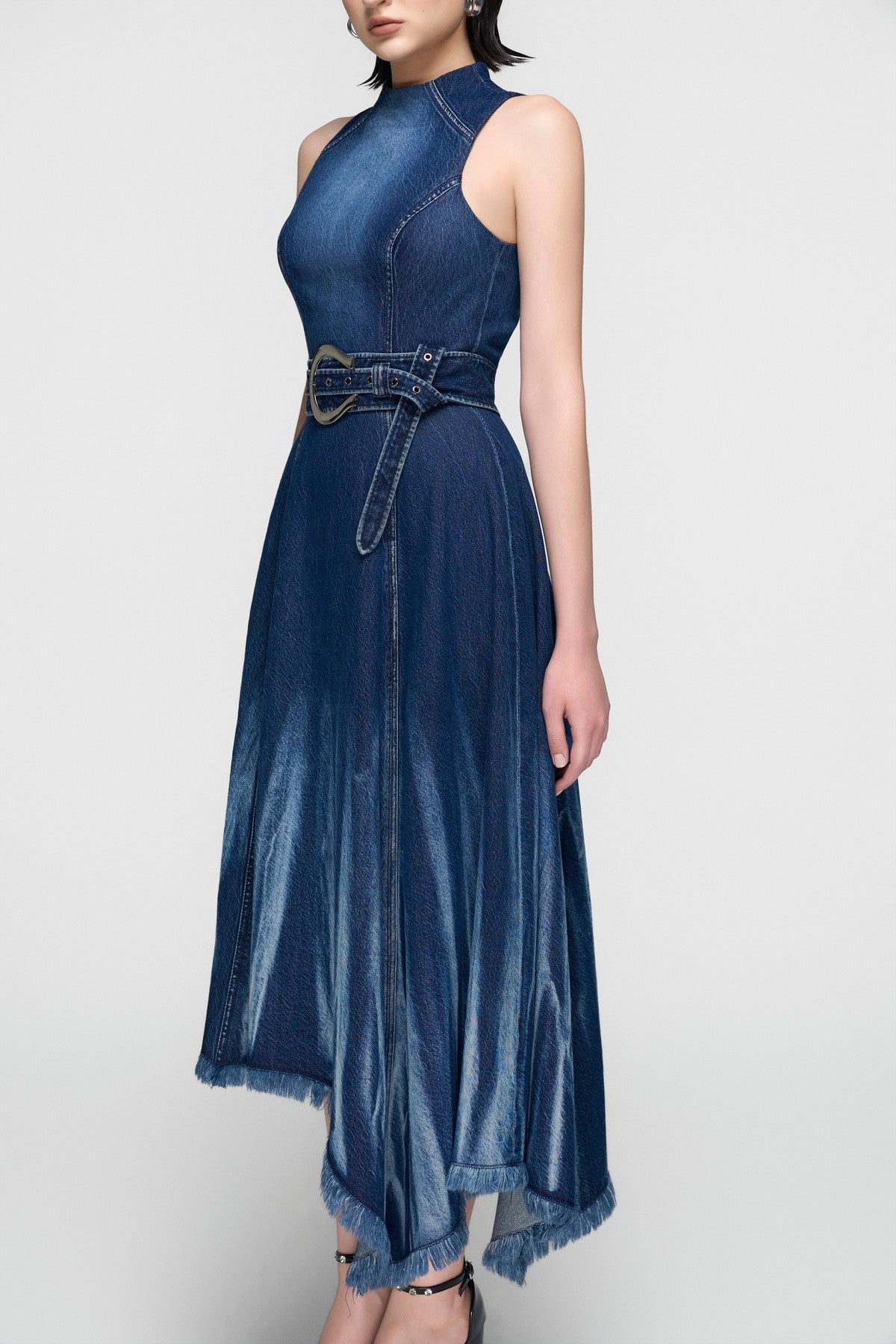 Sleeveless Corset Denim Dress with Fringed Hem