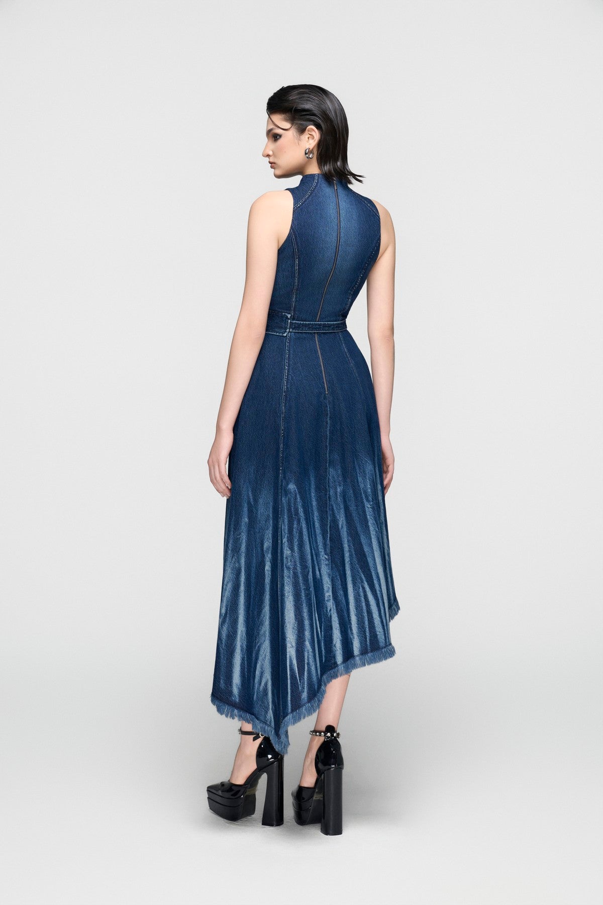 Sleeveless Corset Denim Dress with Fringed Hem