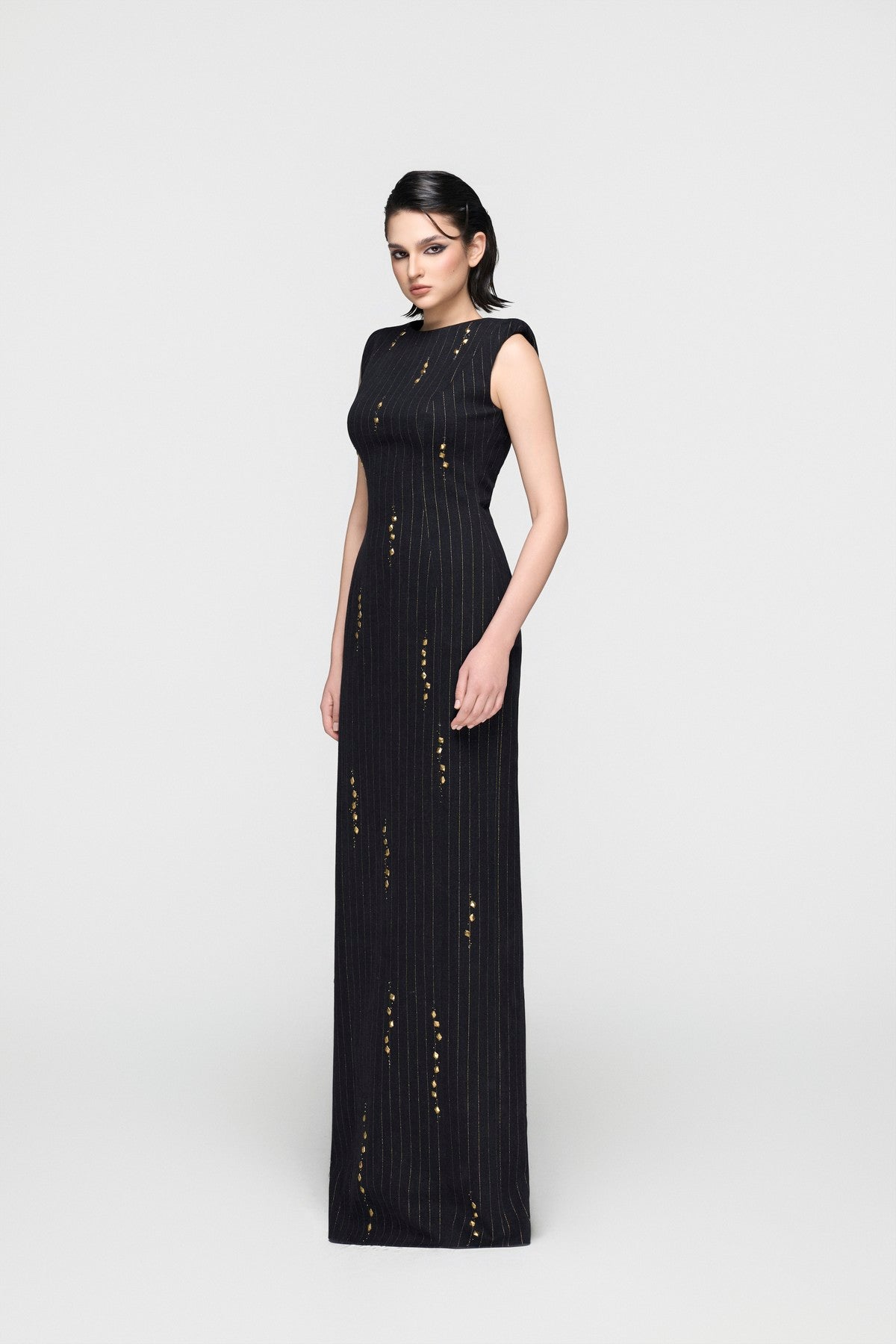 Black Metallic Stripe Column Dress