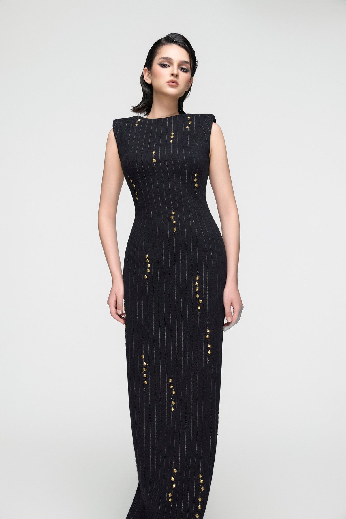 Black Metallic Stripe Column Dress