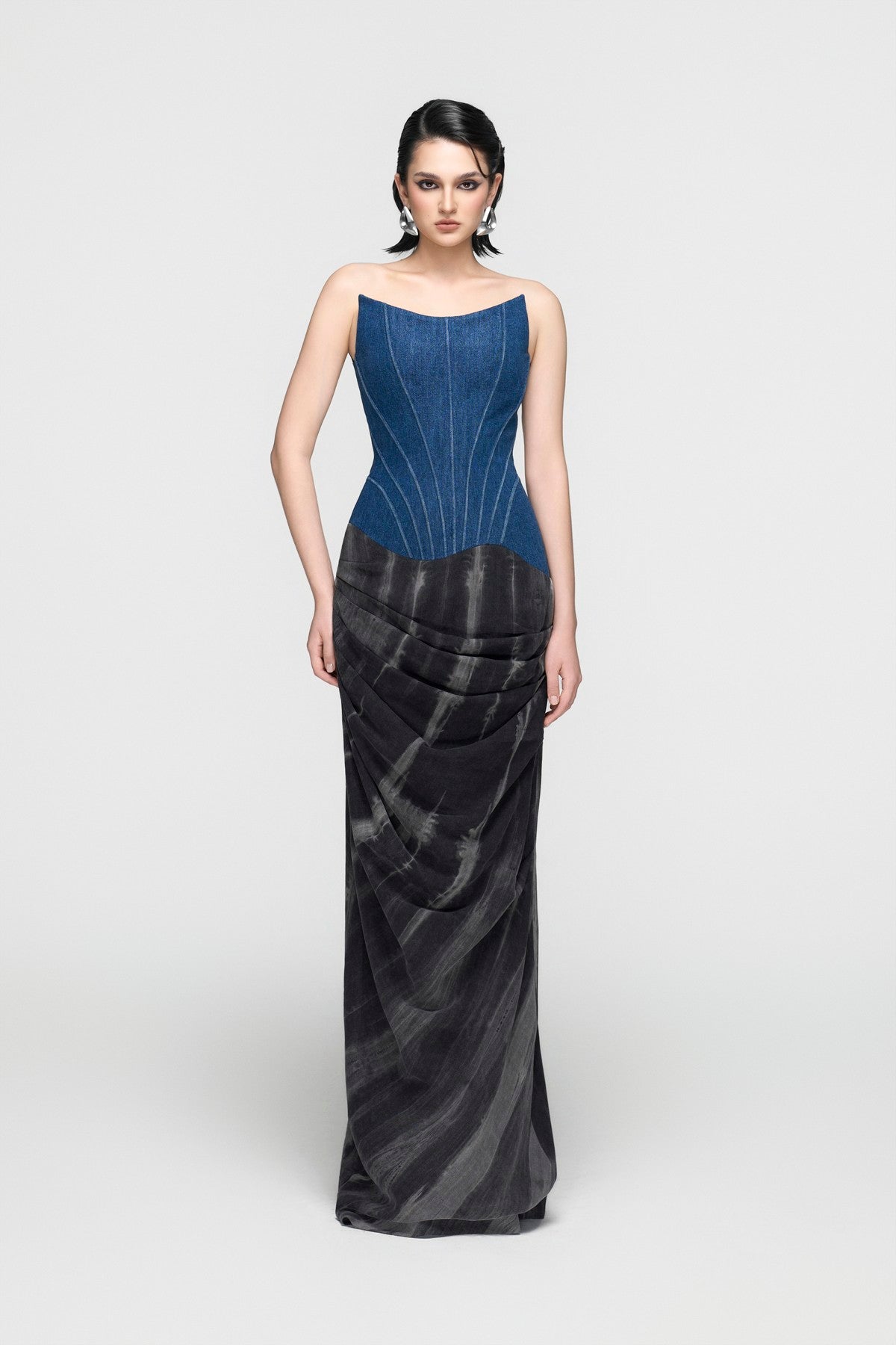 Corset Denim Dress with Draped Skirt