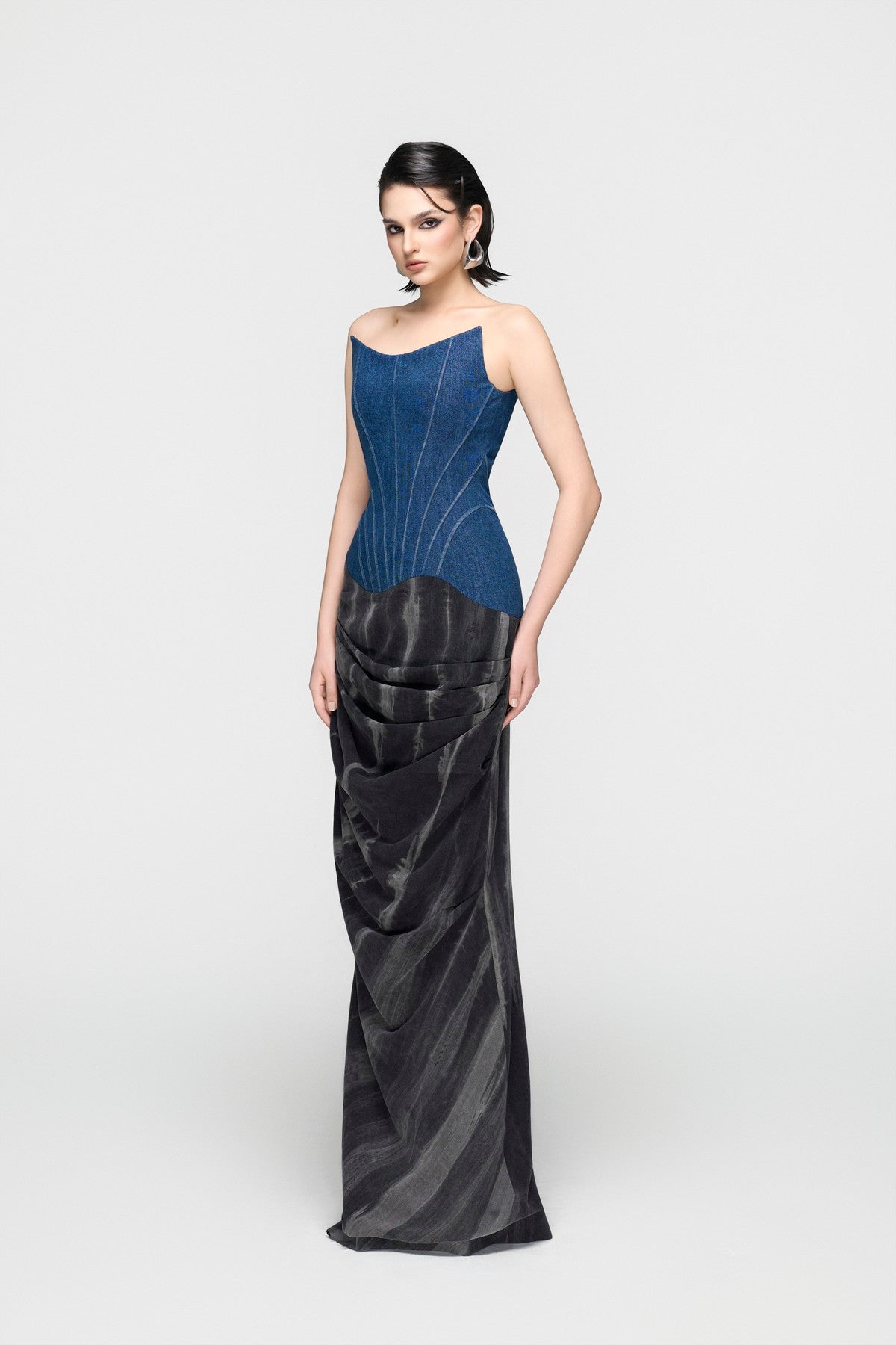 Corset Denim Dress with Draped Skirt