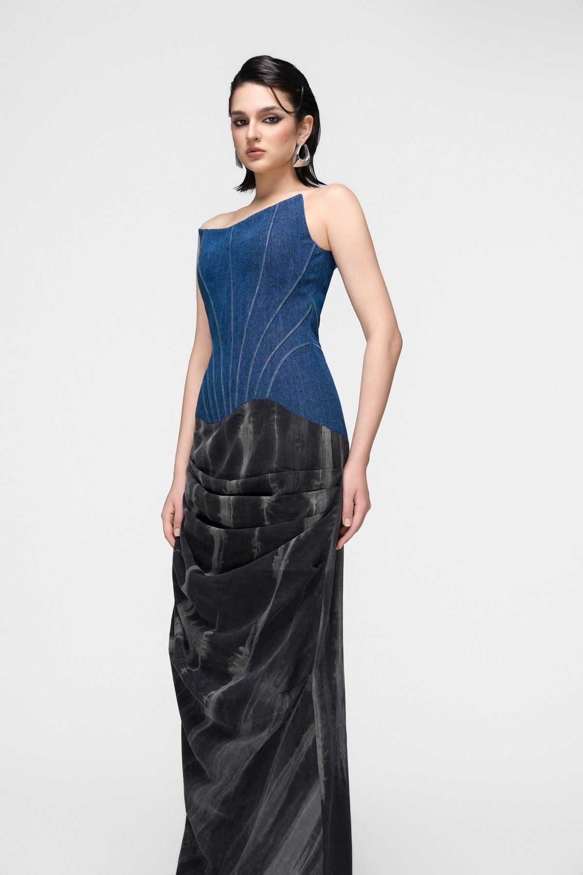 Corset Denim Dress with Draped Skirt