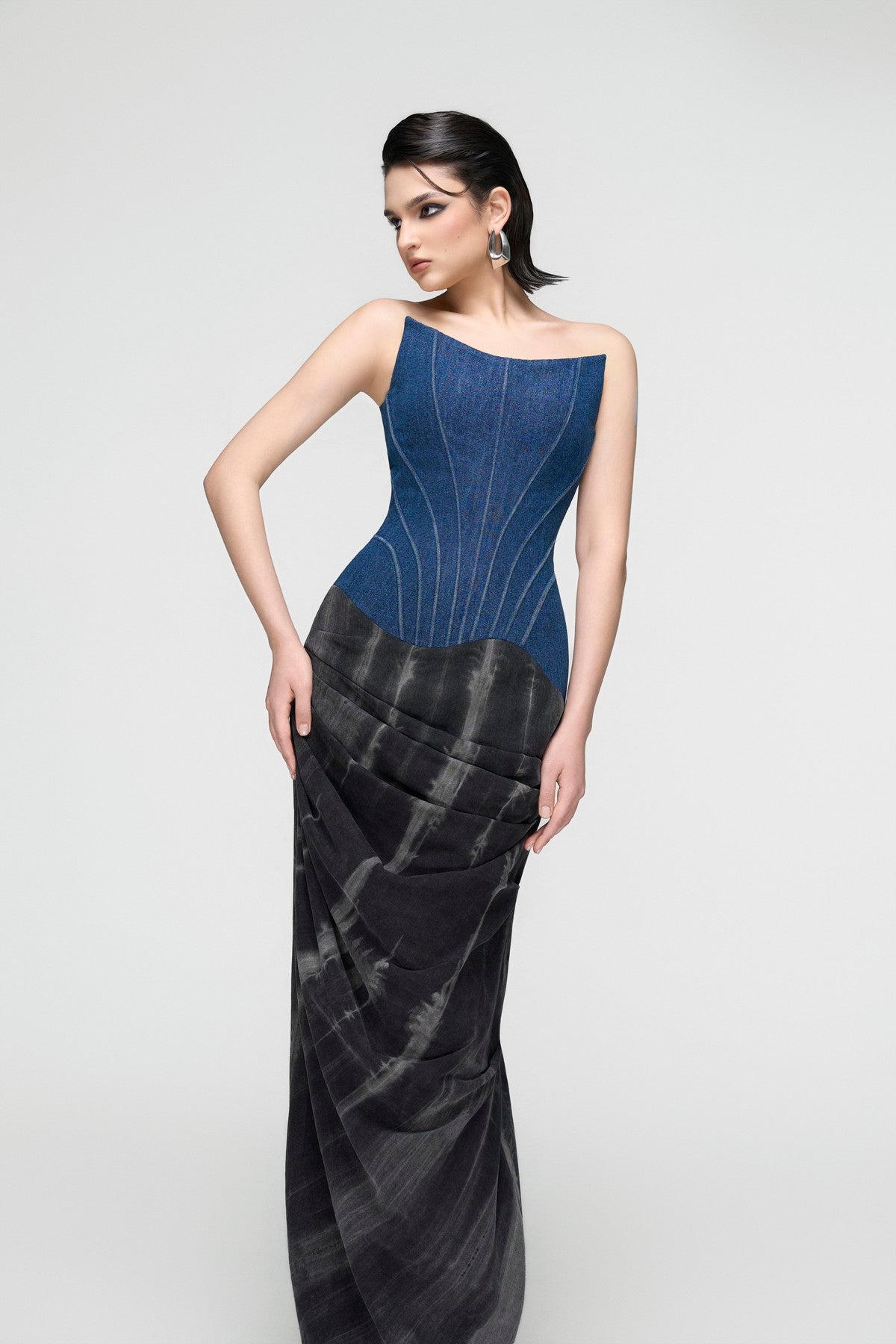 Corset Denim Dress with Draped Skirt