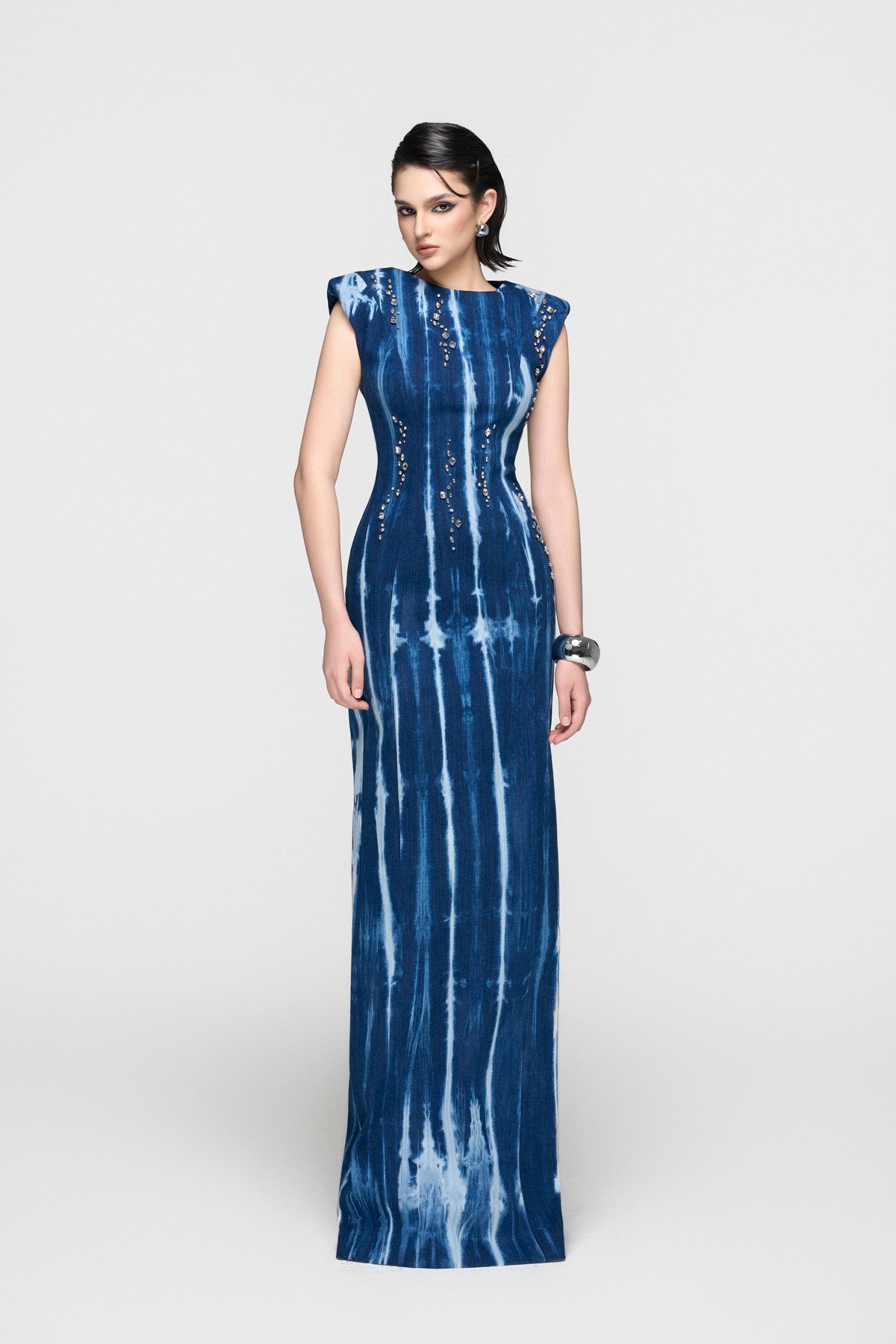 Embellished Blue Denim Bodycon Column Dress