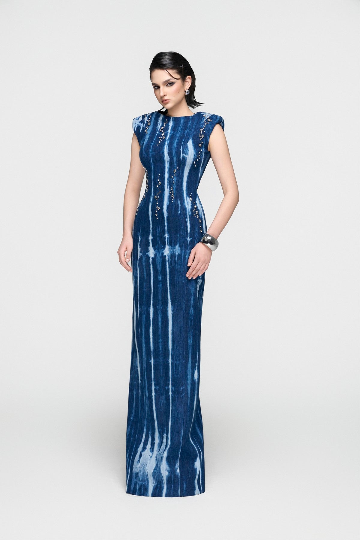 Embellished Blue Denim Bodycon Column Dress