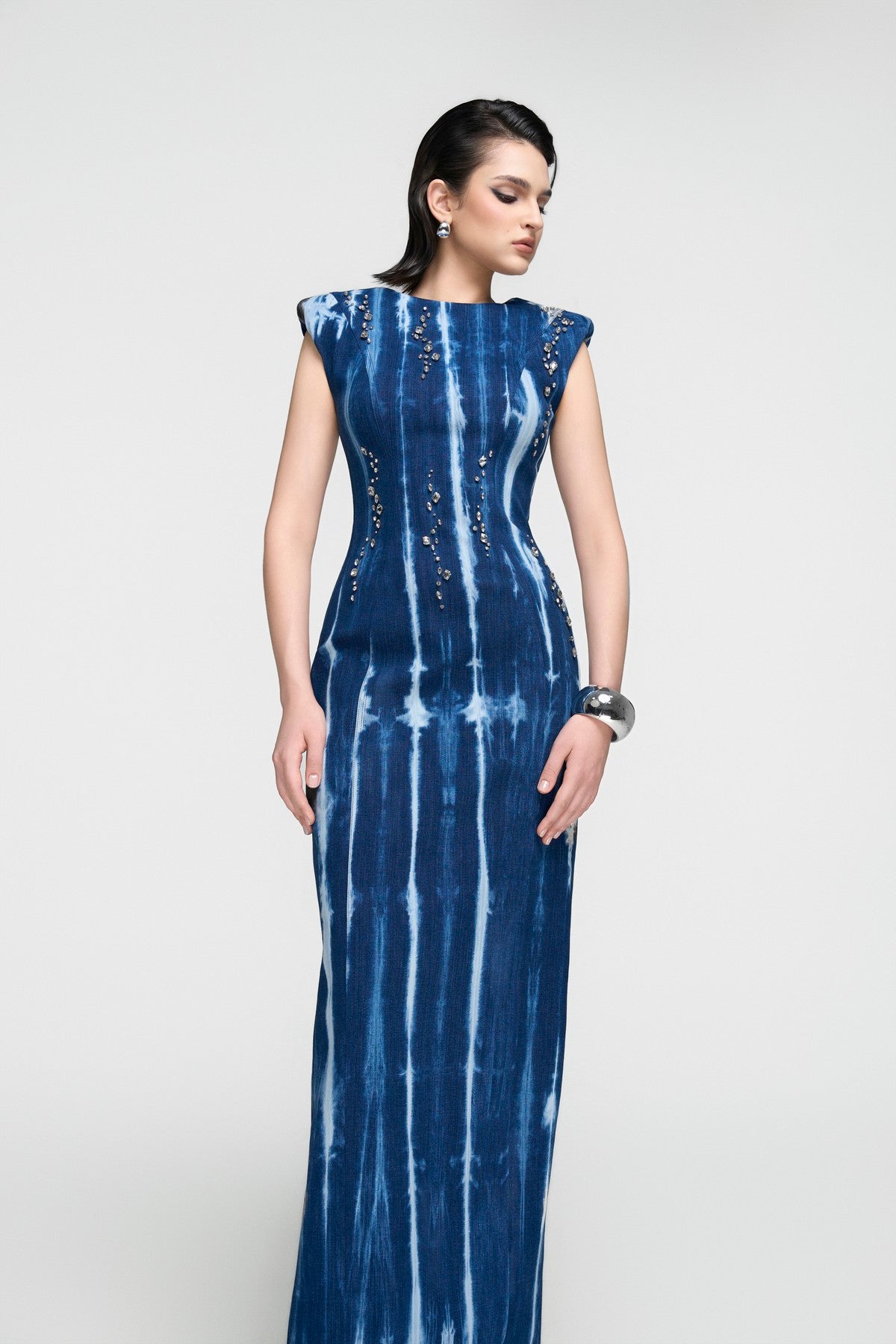 Embellished Blue Denim Bodycon Column Dress