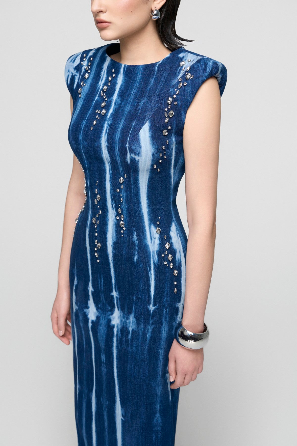Embellished Blue Denim Bodycon Column Dress