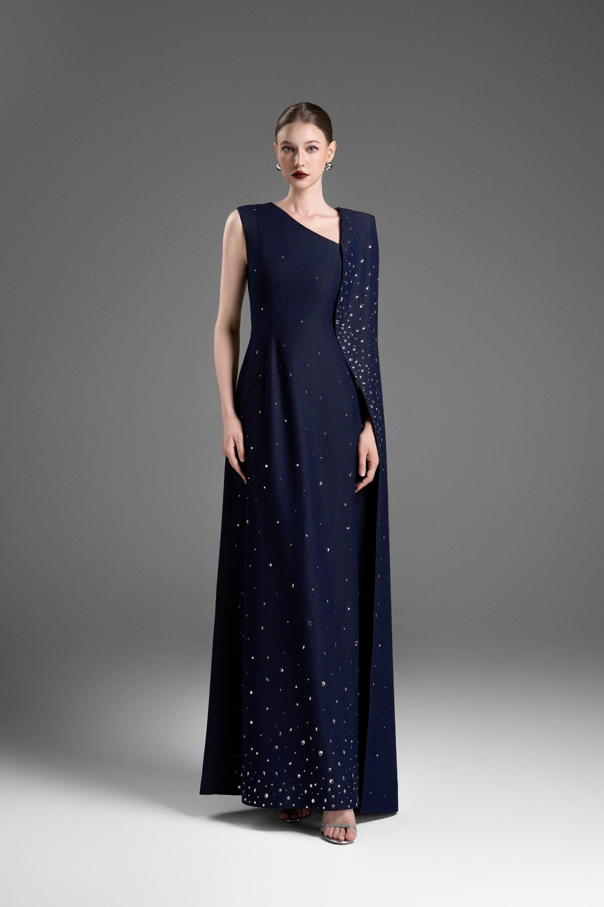 Asymmetrical A-Line Gown with a Single Floor-Length Sleeve