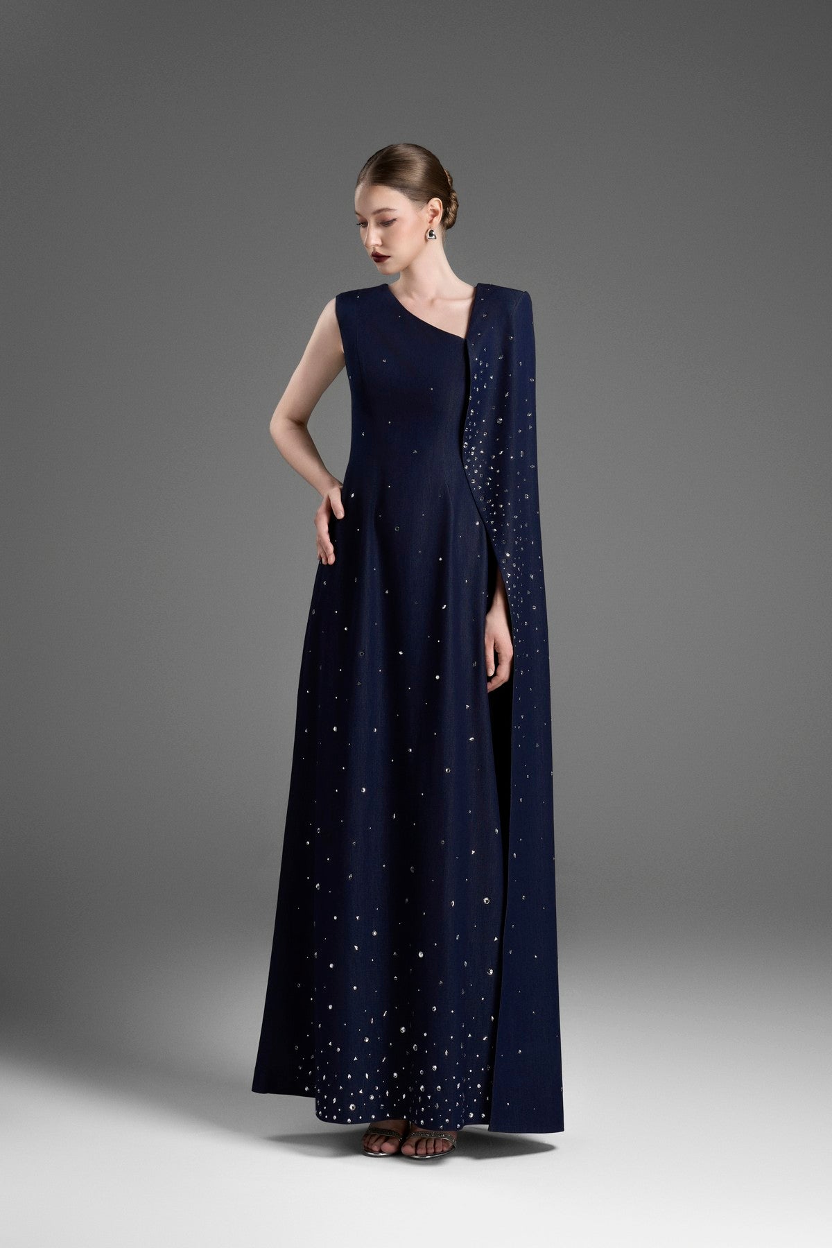 Asymmetrical A-Line Gown with a Single Floor-Length Sleeve