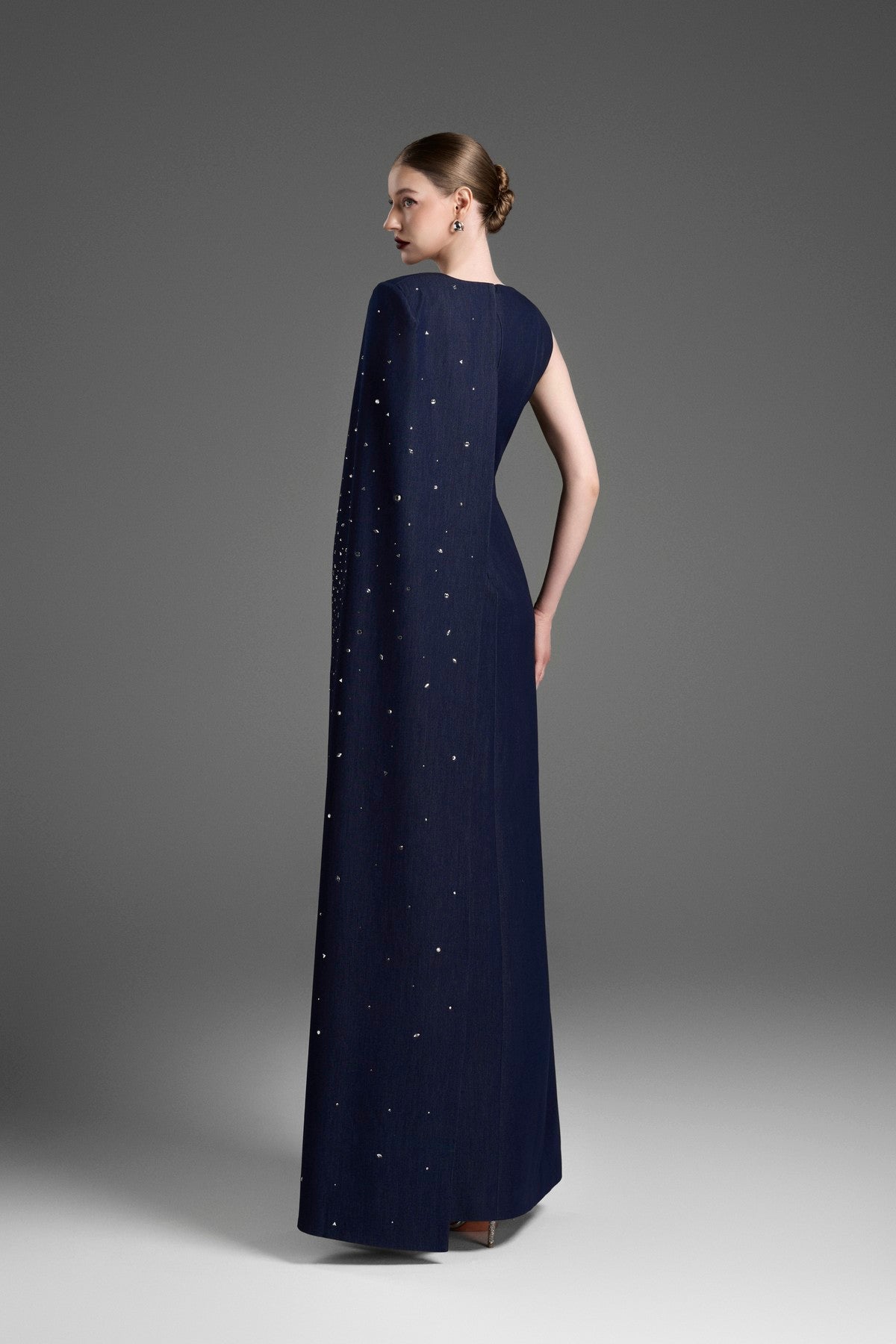 Asymmetrical A-Line Gown with a Single Floor-Length Sleeve