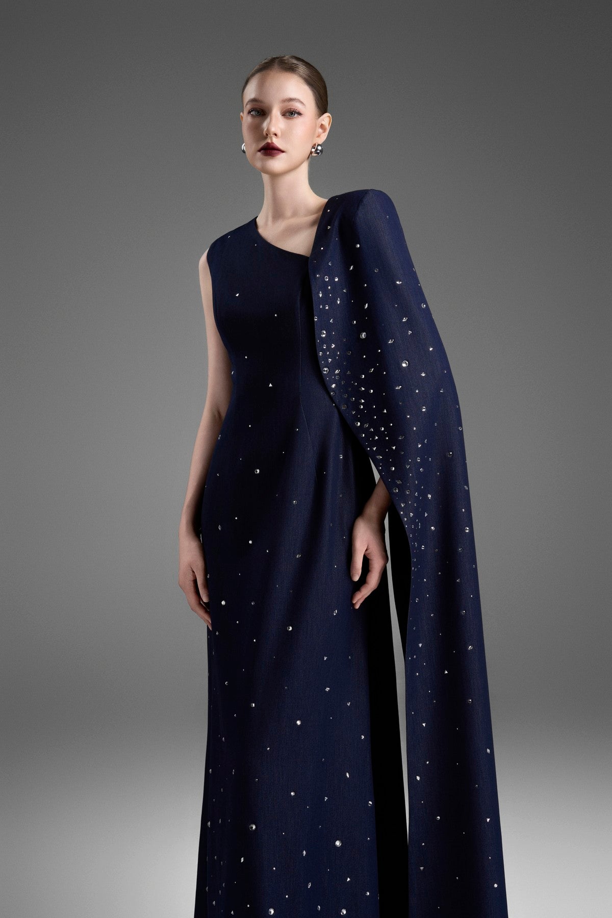 Asymmetrical A-Line Gown with a Single Floor-Length Sleeve