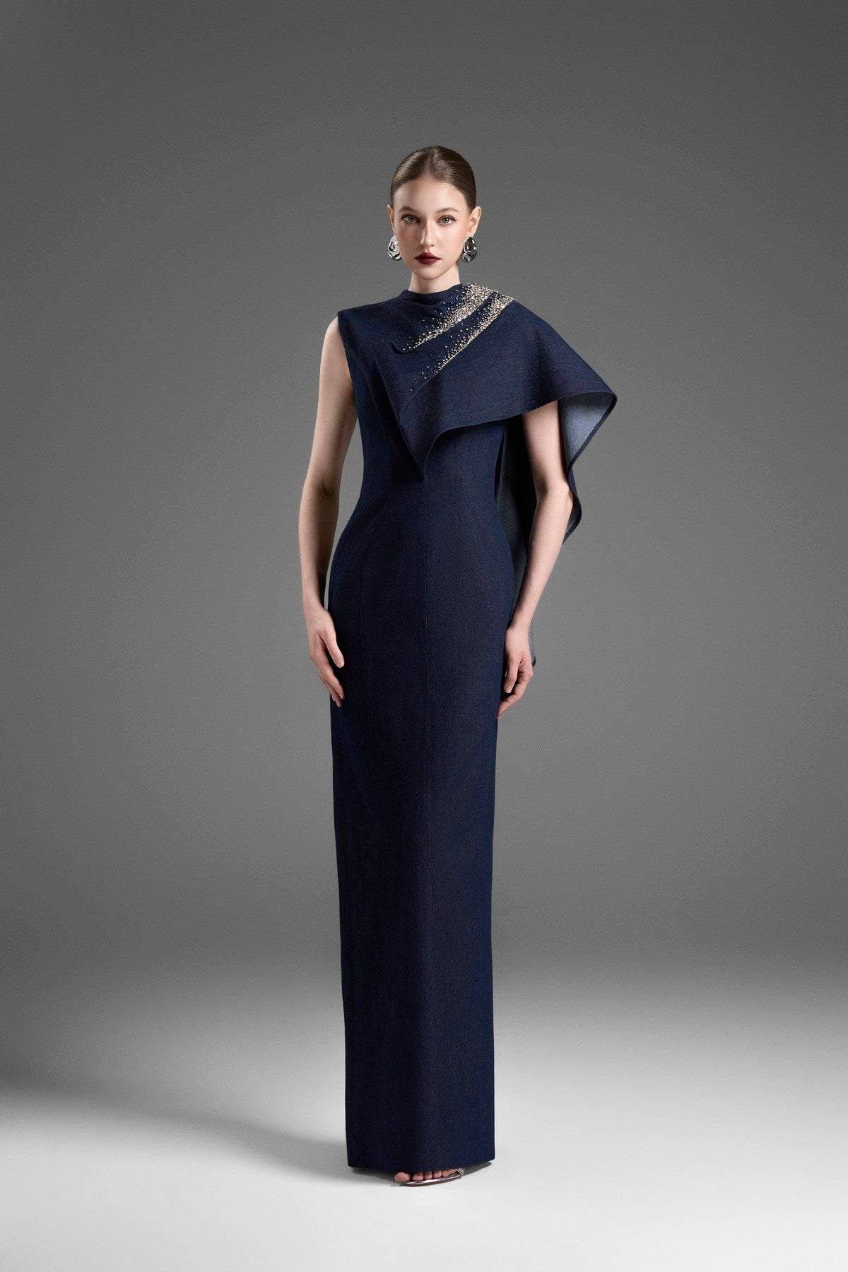 Asymmetrical Long A-Line Dress with a Draped Shoulder Detail