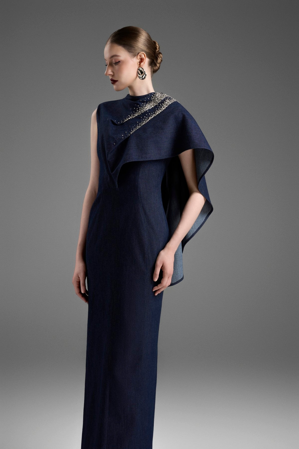 Asymmetrical Long A-Line Dress with a Draped Shoulder Detail