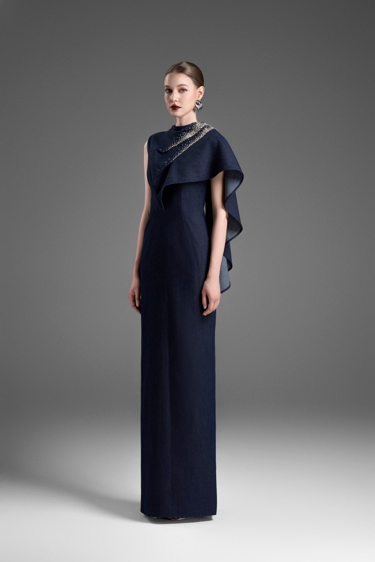 Asymmetrical Long A-Line Dress with a Draped Shoulder Detail