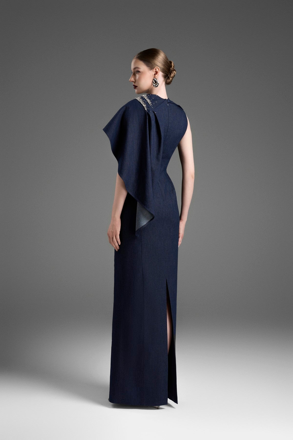 Asymmetrical Long A-Line Dress with a Draped Shoulder Detail
