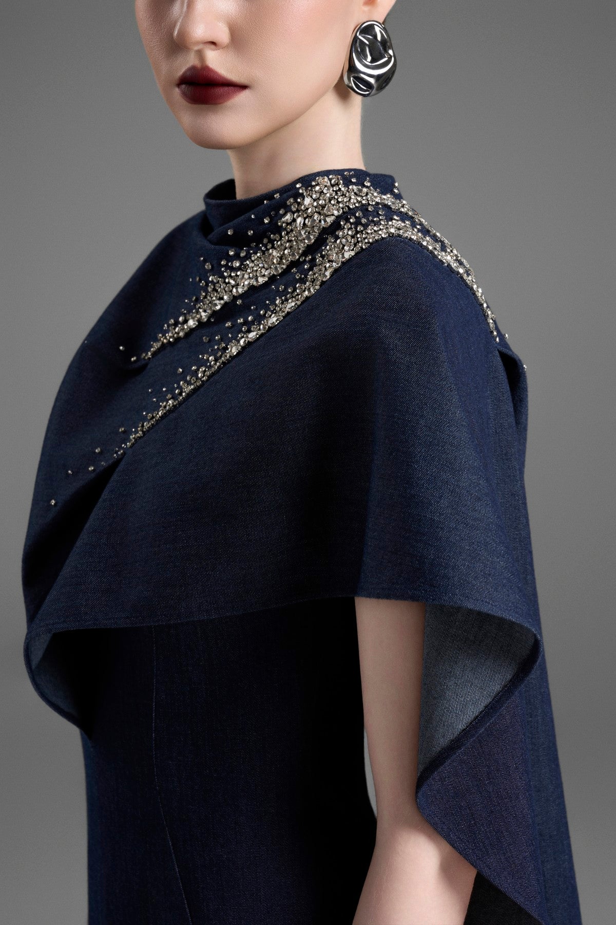 Asymmetrical Long A-Line Dress with a Draped Shoulder Detail