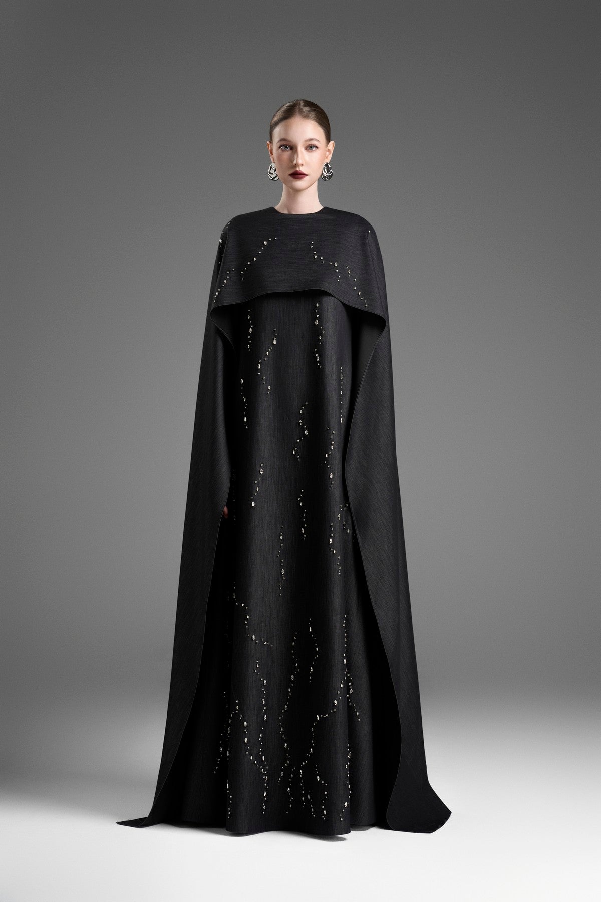 Long Dolman-Sleeve Gown with Exquisite Crystal Detailing