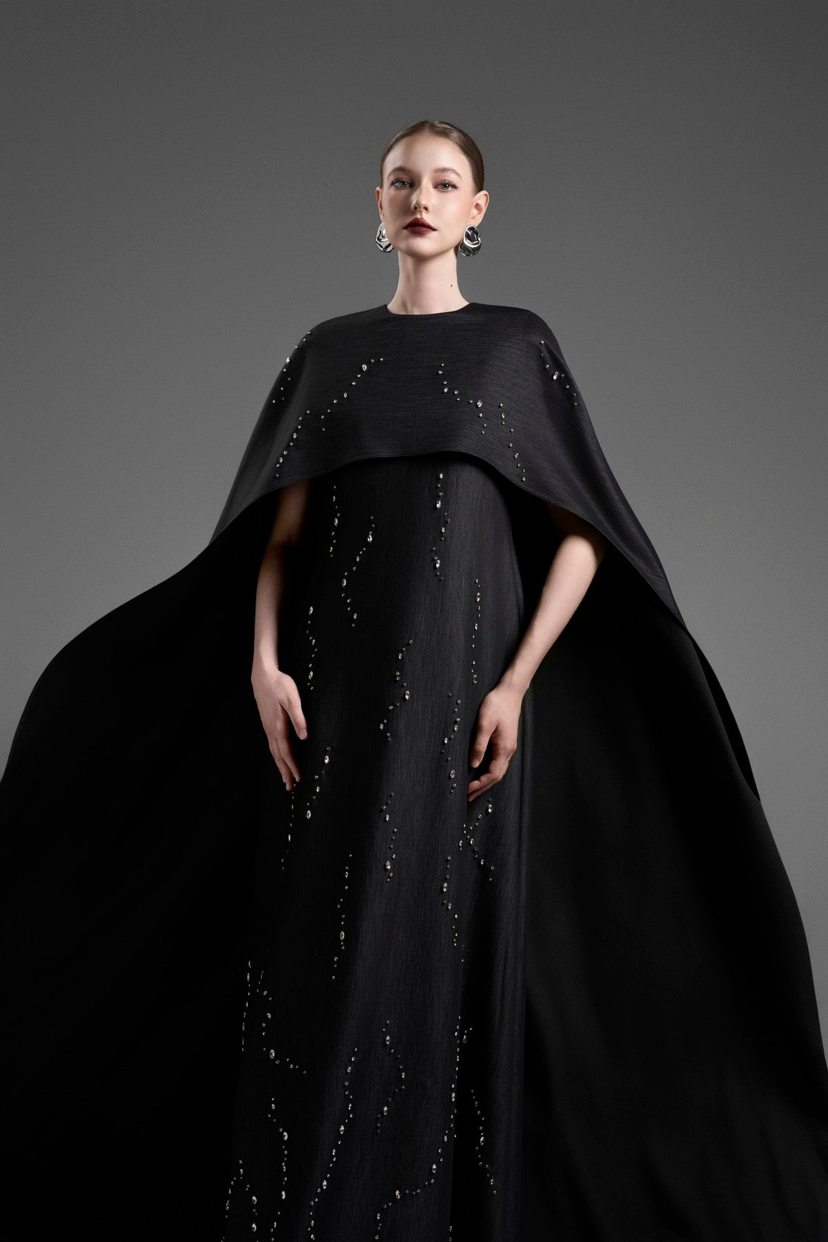 Long Dolman-Sleeve Gown with Exquisite Crystal Detailing