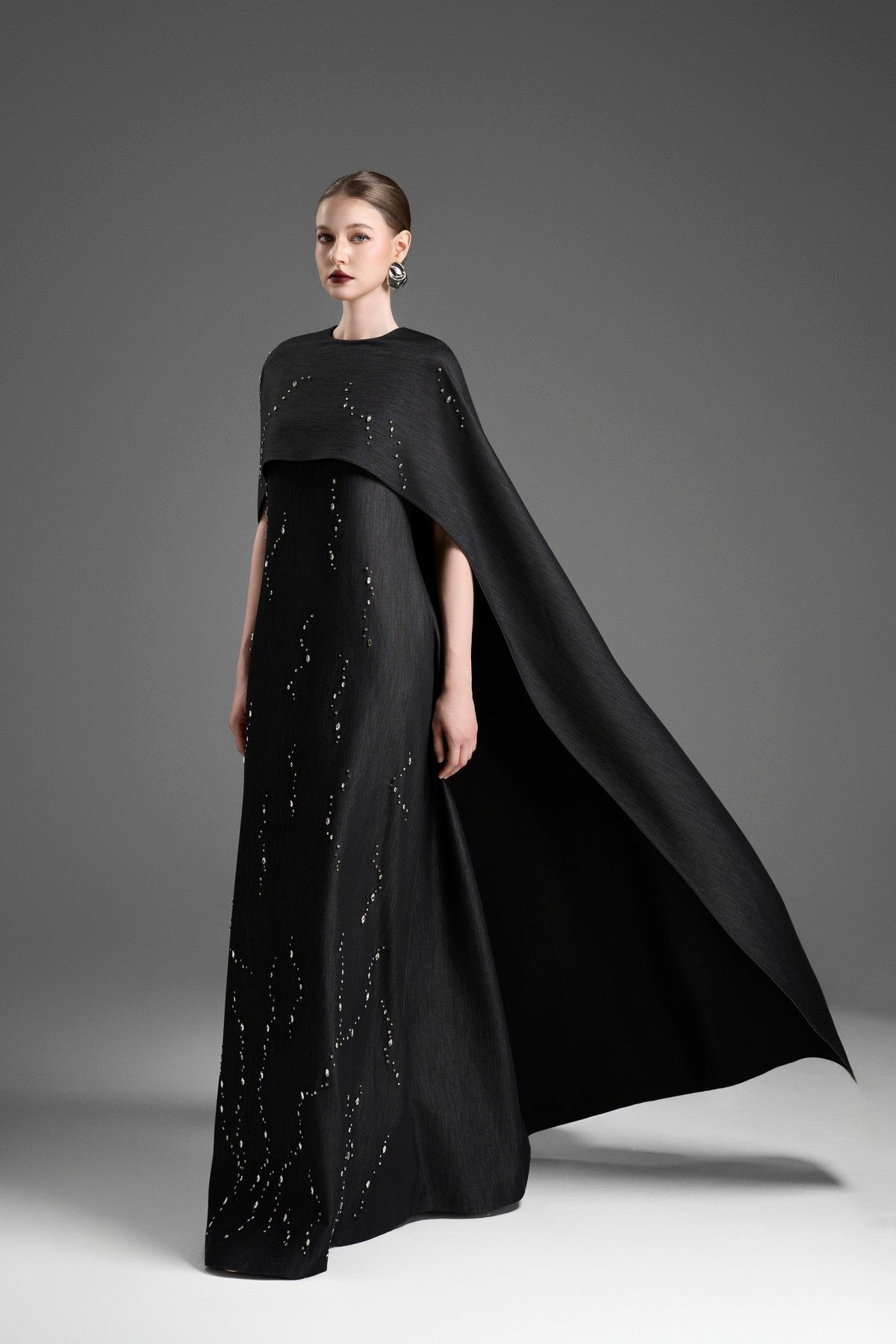Long Dolman-Sleeve Gown with Exquisite Crystal Detailing