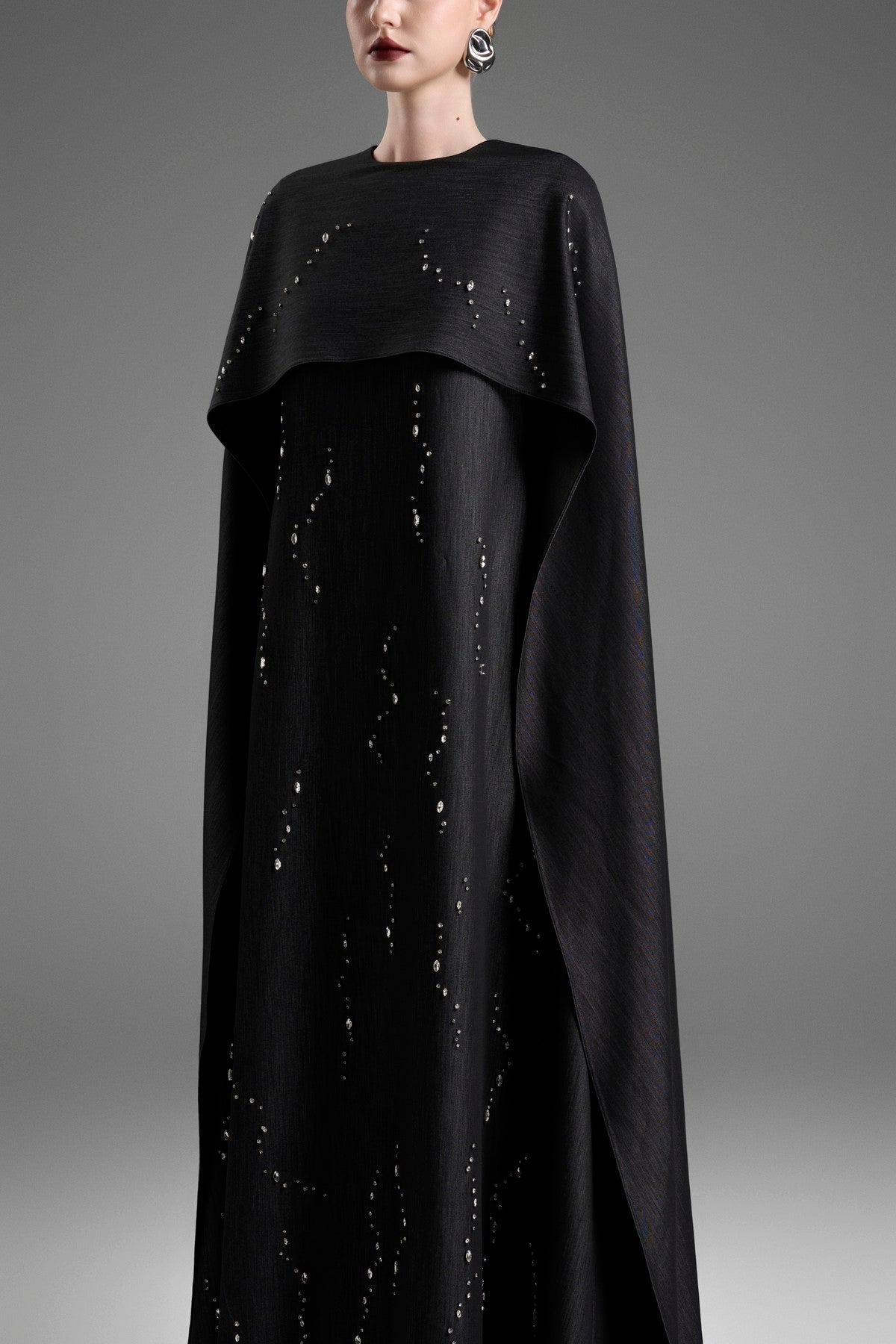 Long Dolman-Sleeve Gown with Exquisite Crystal Detailing