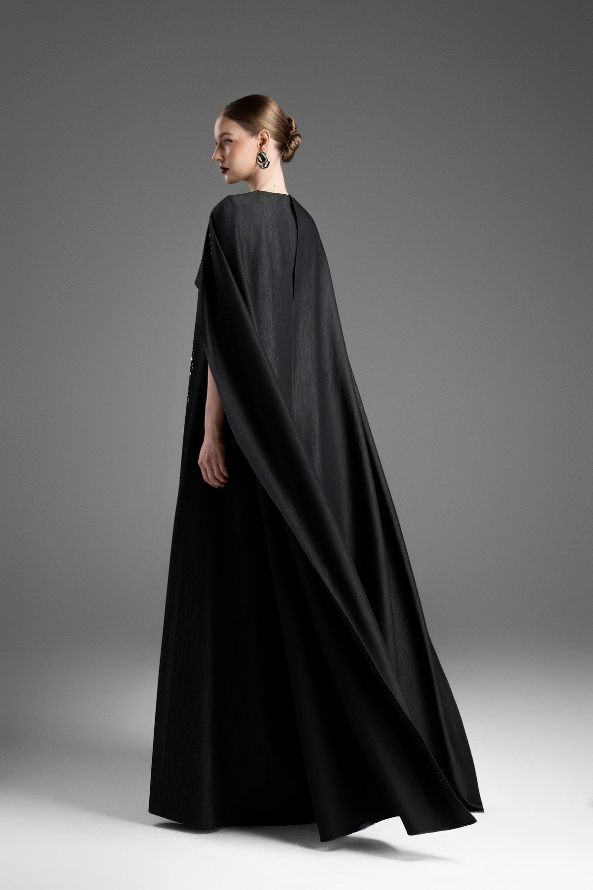 Long Dolman-Sleeve Gown with Exquisite Crystal Detailing
