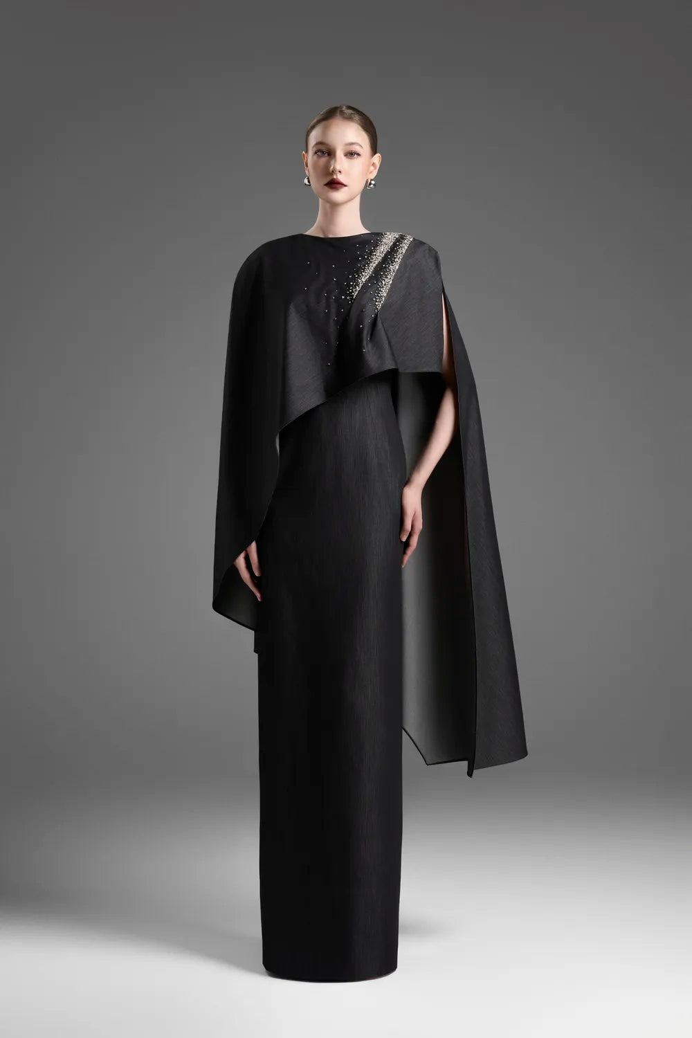 Asymmetric Draped Cape With Straight Dress