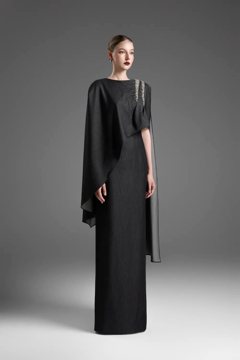 Asymmetric Draped Cape With Straight Dress