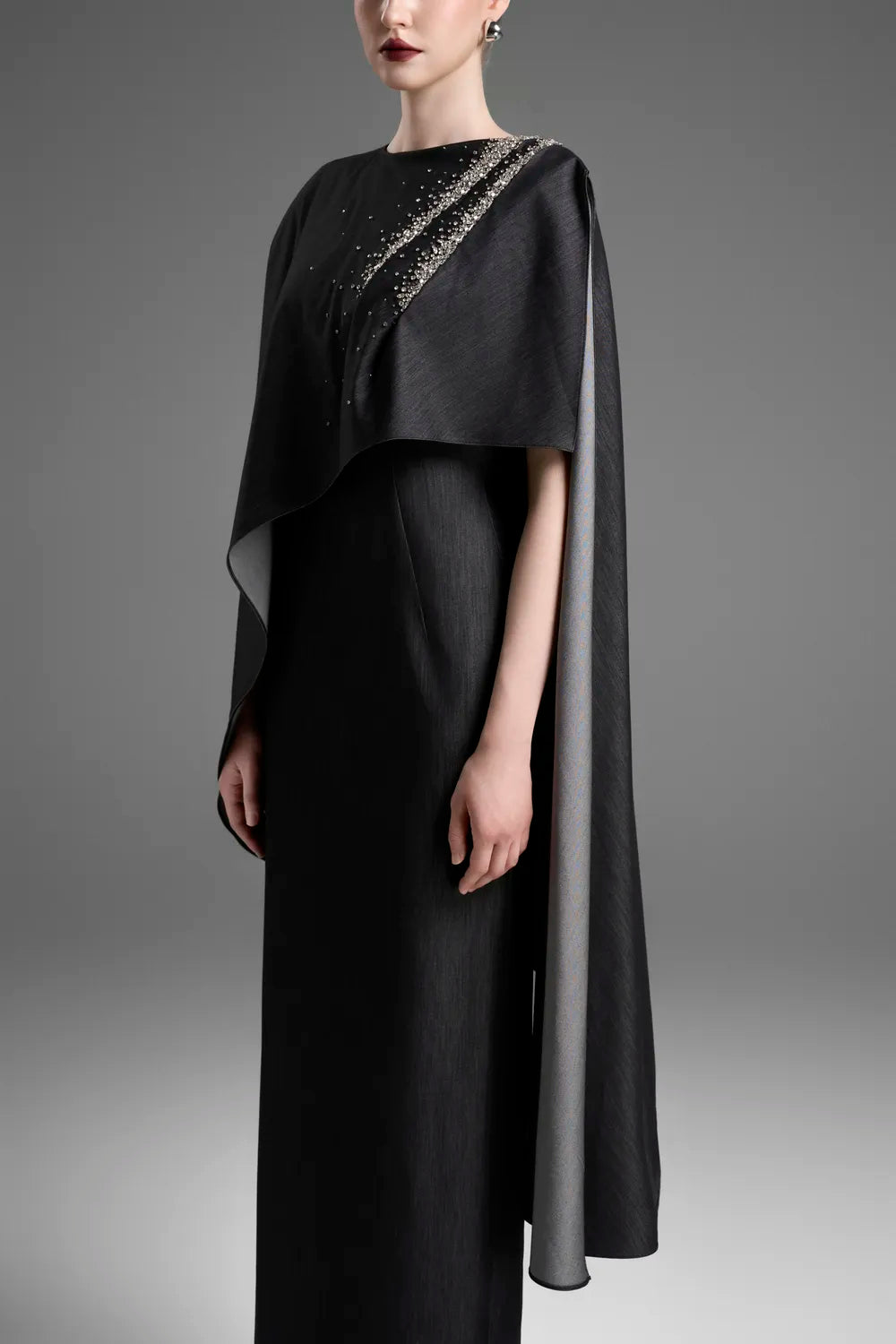 Asymmetric Draped Cape With Straight Dress