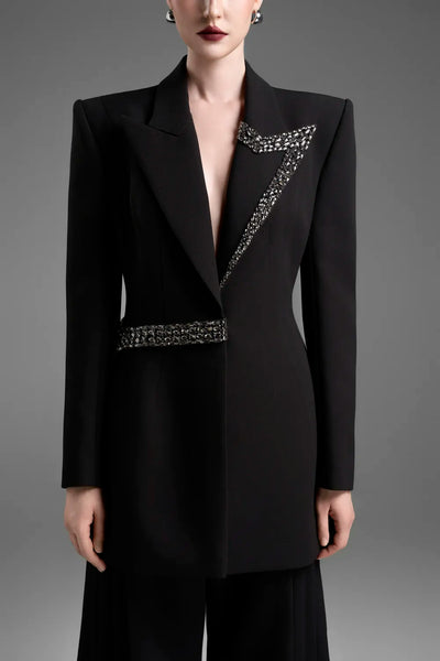 Peak Lapel Single Crystal Embellished Blazer