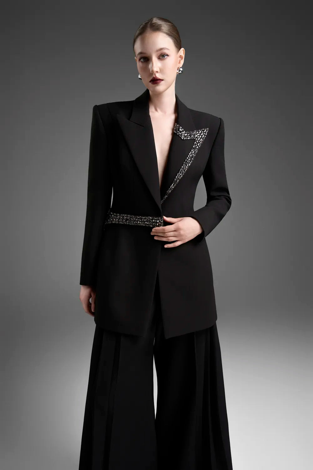 Peak Lapel Single Crystal Embellished Blazer