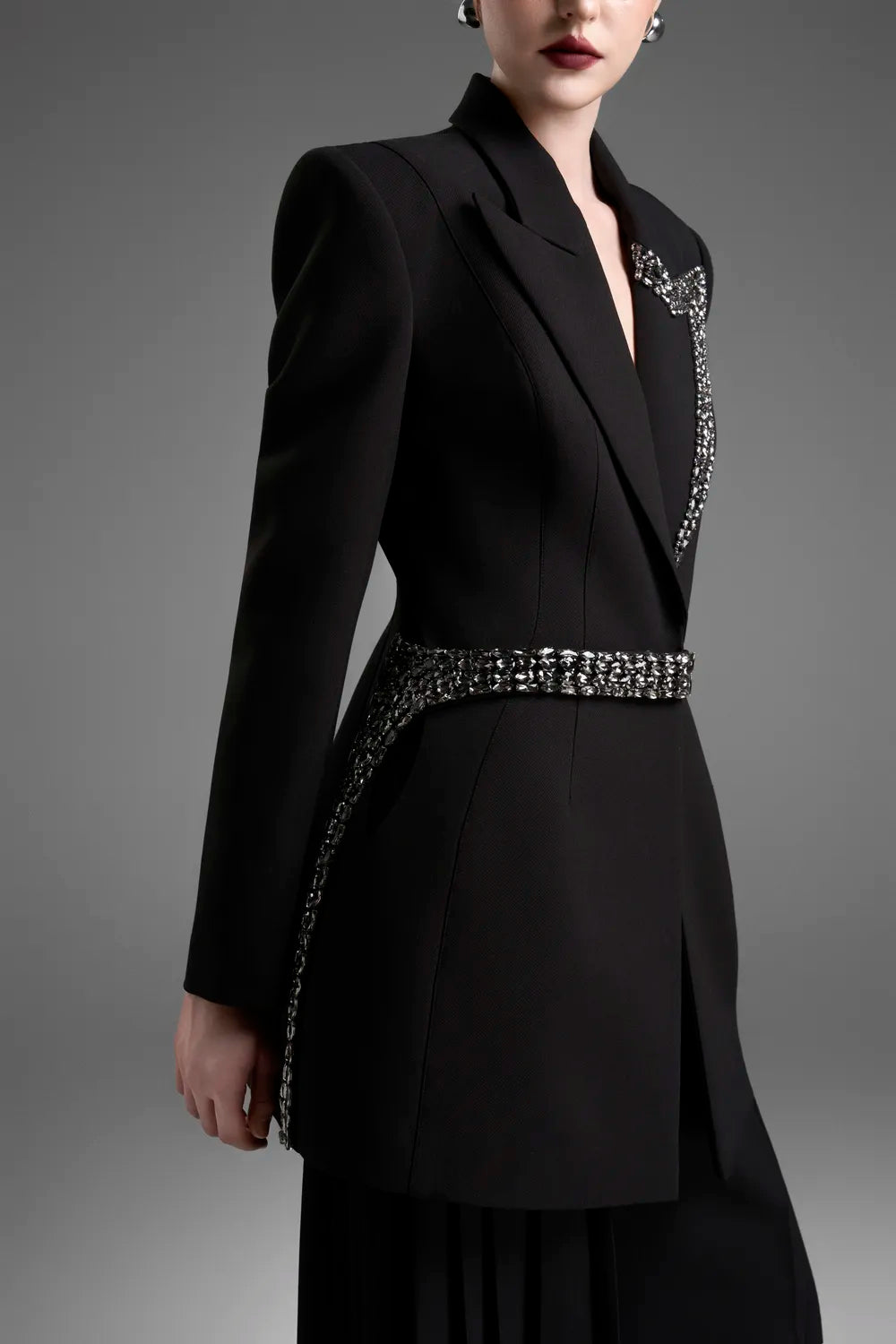 Peak Lapel Single Crystal Embellished Blazer