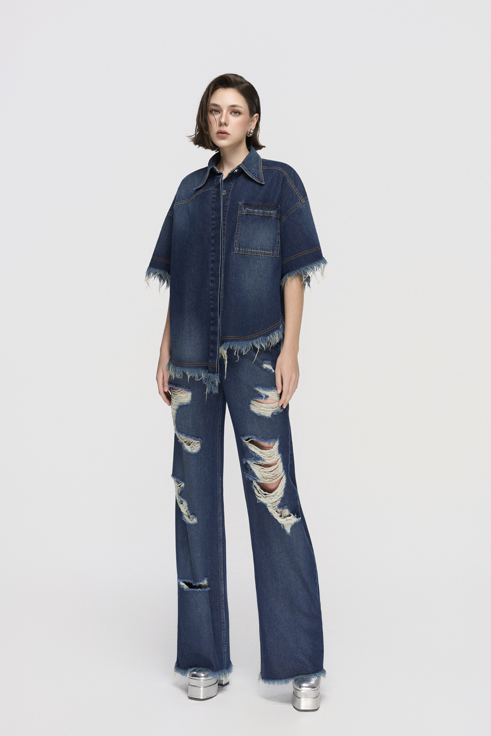 Asymmetric Fringed Hemline Shirt