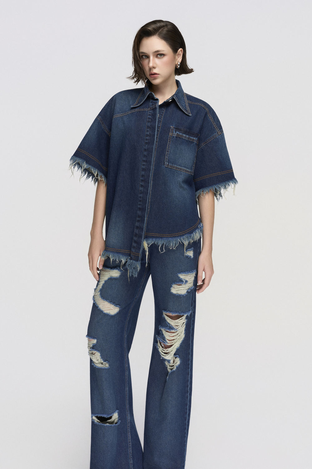 Asymmetric Fringed Hemline Shirt