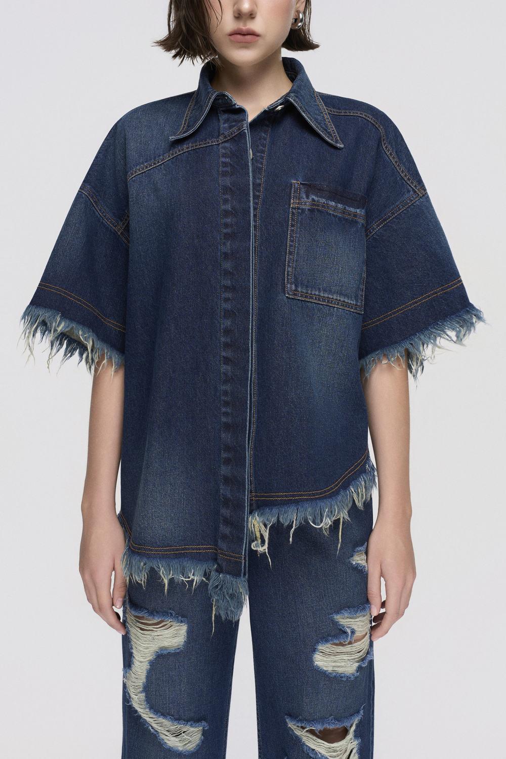 Asymmetric Fringed Hemline Shirt