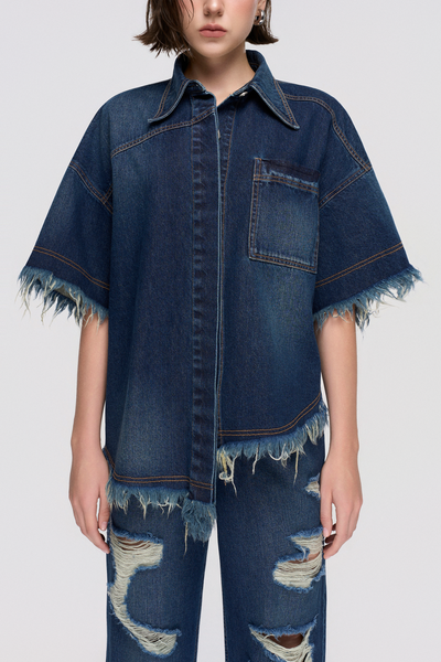 Asymmetric Fringed Hemline Shirt