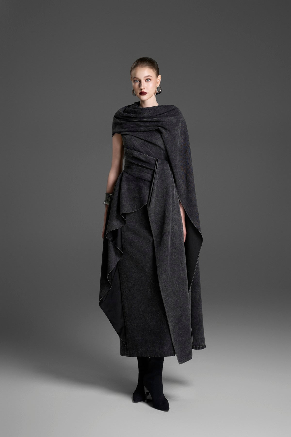 One-Shoulder Acid-Wash Draped Dress with a Matching Cape