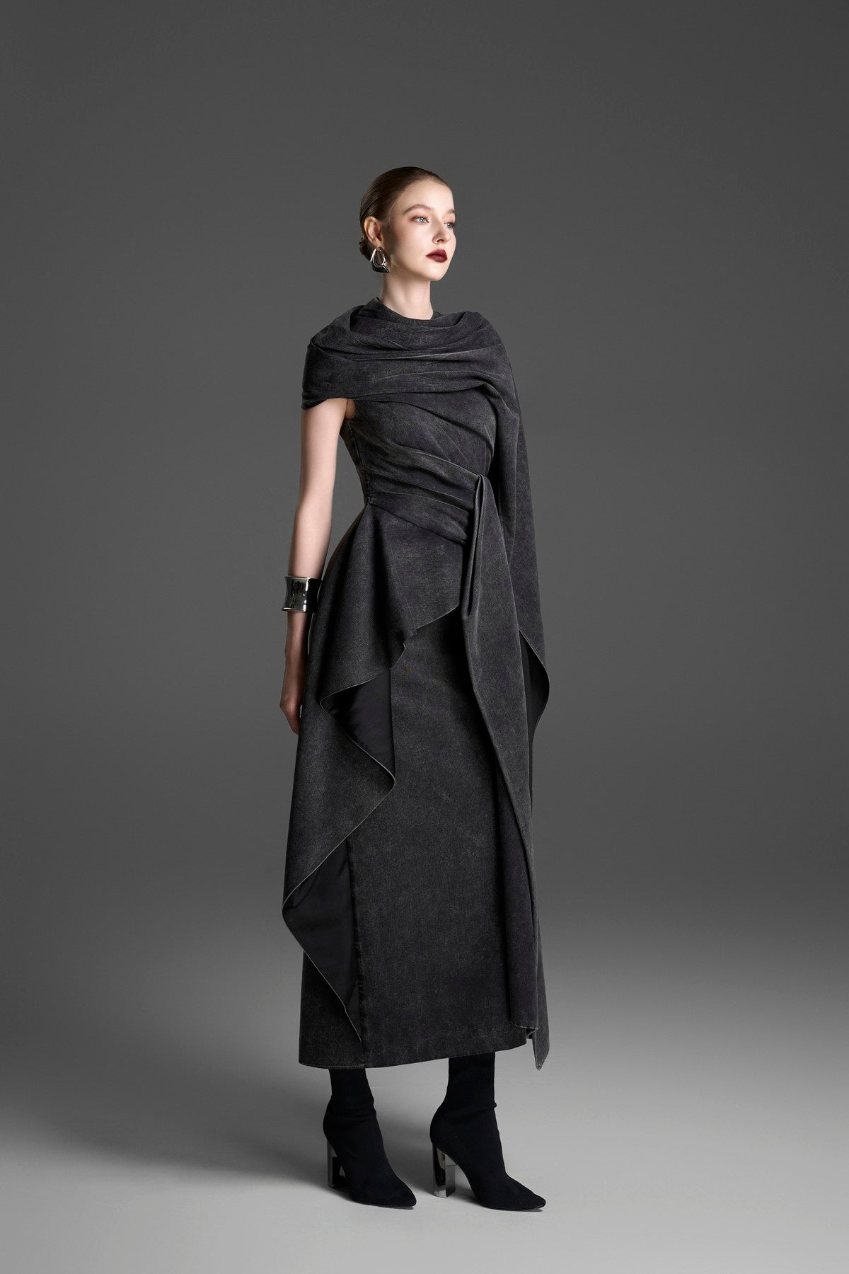 One-Shoulder Acid-Wash Draped Dress with a Matching Cape