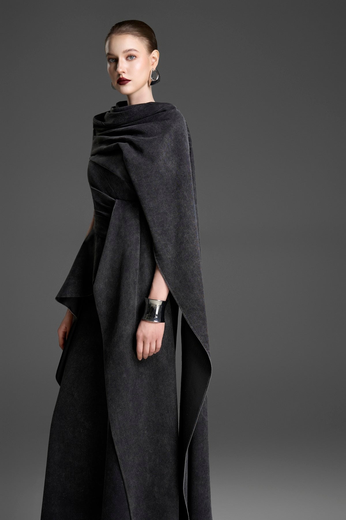 One-Shoulder Acid-Wash Draped Dress with a Matching Cape