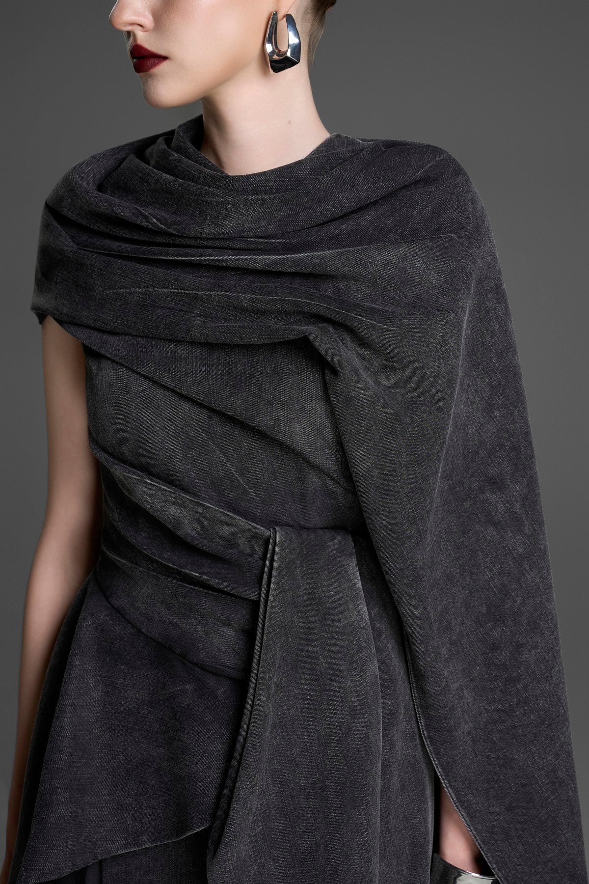 One-Shoulder Acid-Wash Draped Dress with a Matching Cape