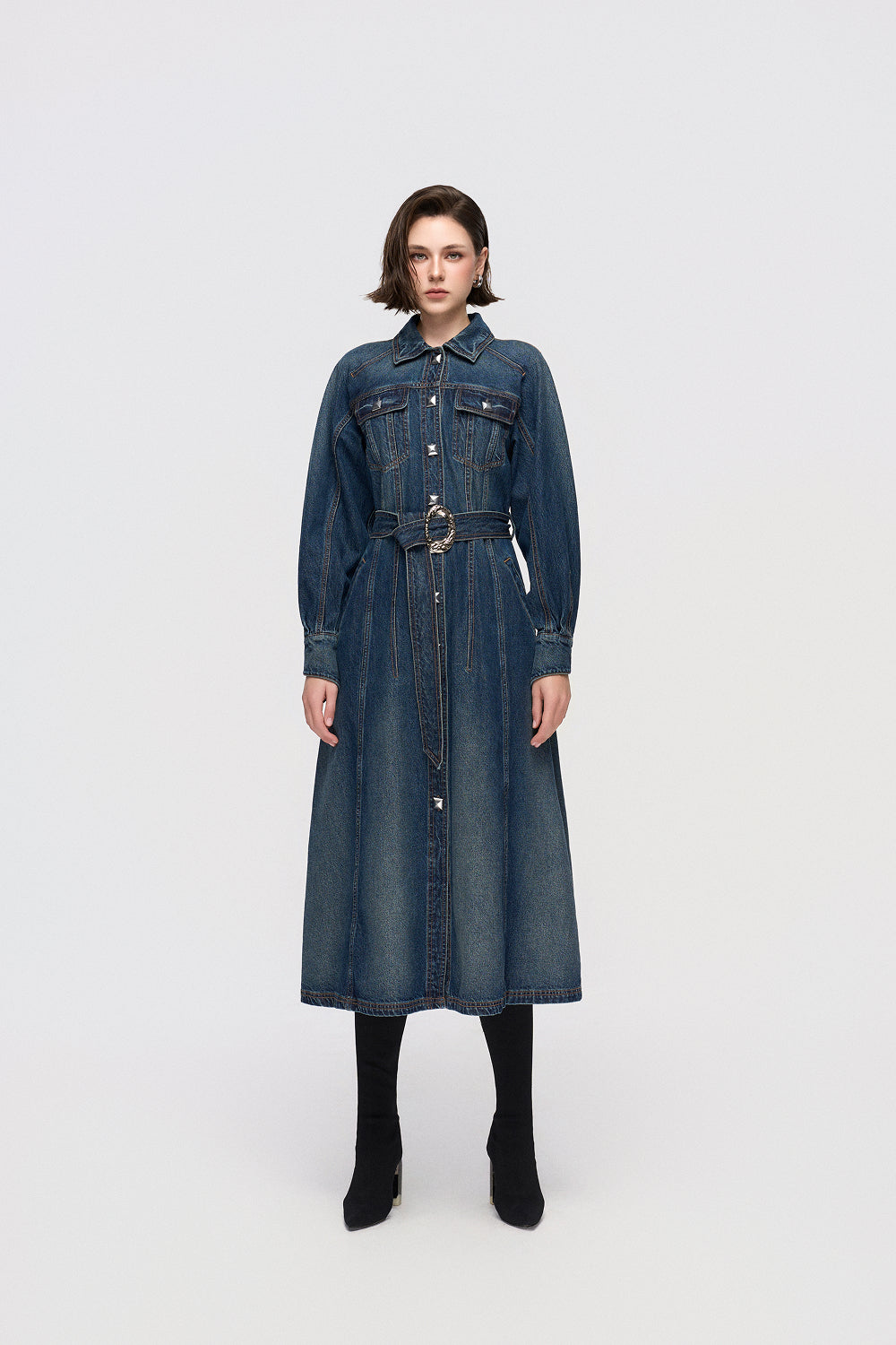 Dress Denim shirt dress with raglan sleeves and a pleated skirt