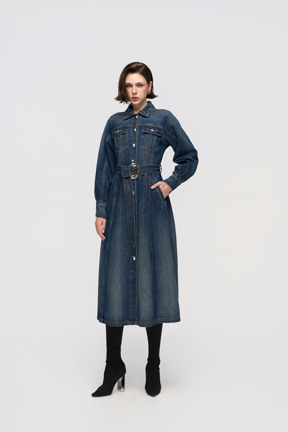 Dress Denim shirt dress with raglan sleeves and a pleated skirt