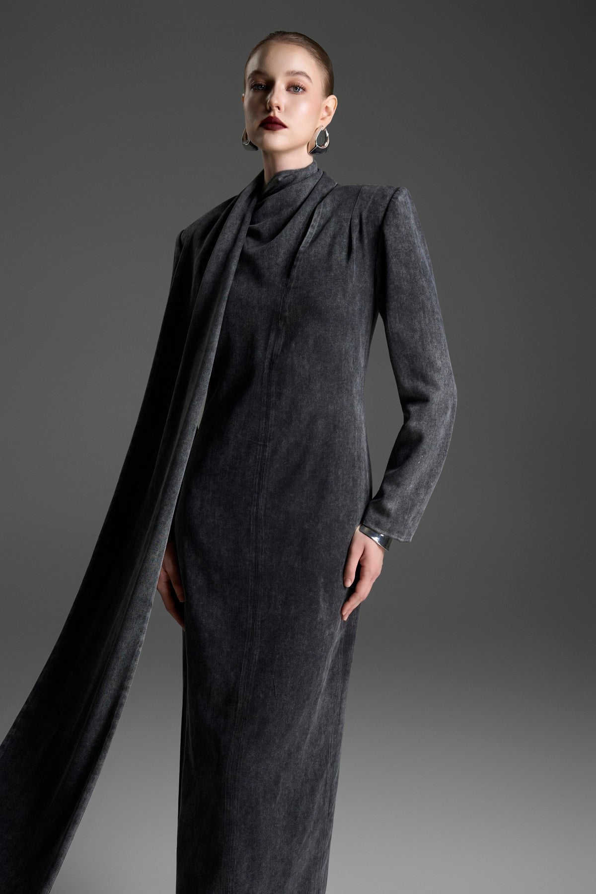 Asymmetrical High-Neck Dress with Draping and a Chest Cutout