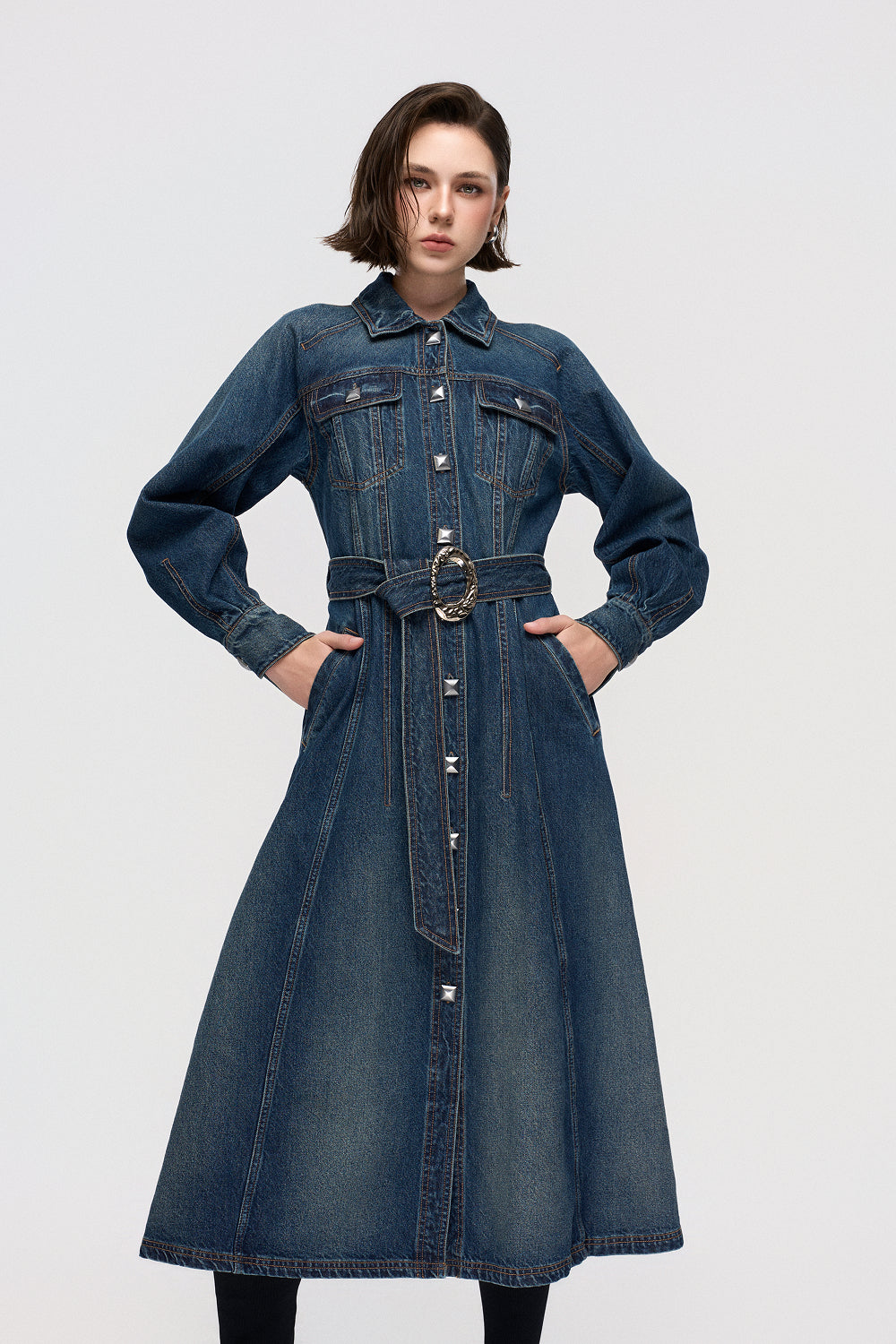 Dress Denim shirt dress with raglan sleeves and a pleated skirt
