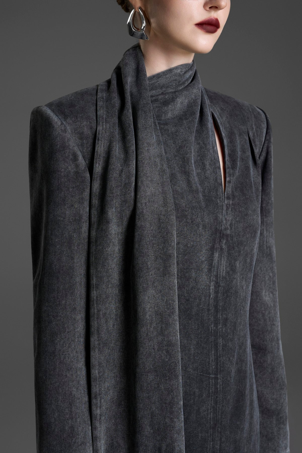 Asymmetrical High-Neck Dress with Draping and a Chest Cutout